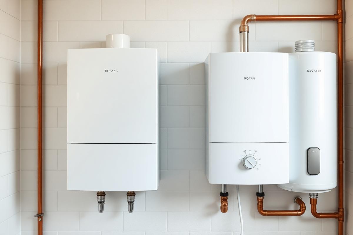 A combi boiler and a system boiler with cylinder mounted side by side