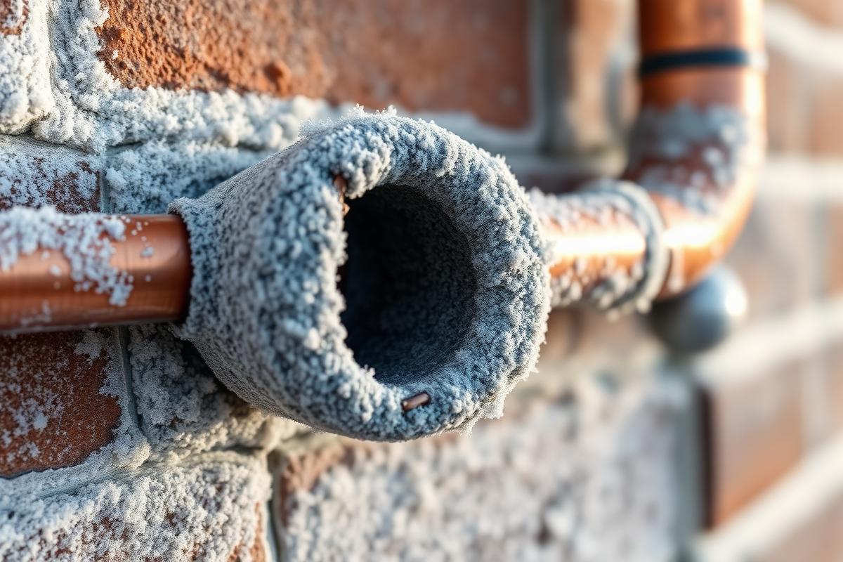 Lagged copper pipe on a frosty exterior wall