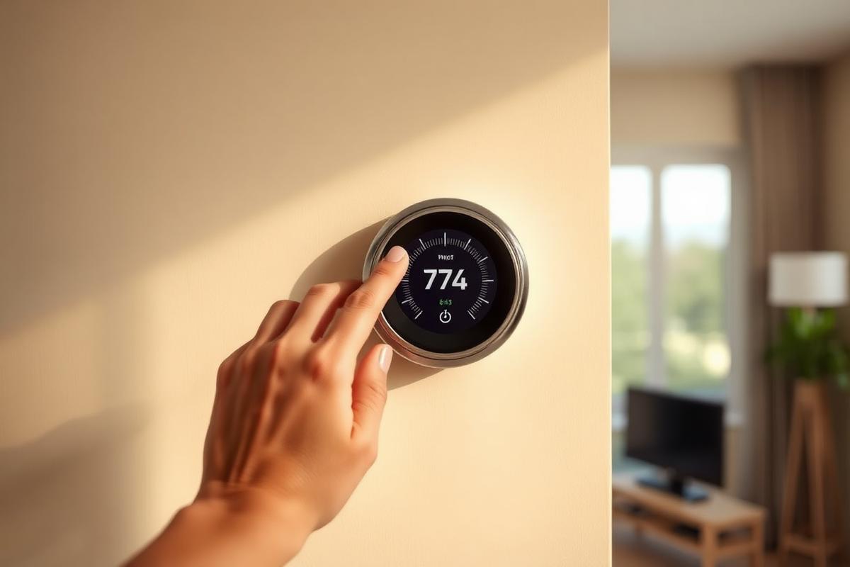 Smart heating thermostat on a living room wall