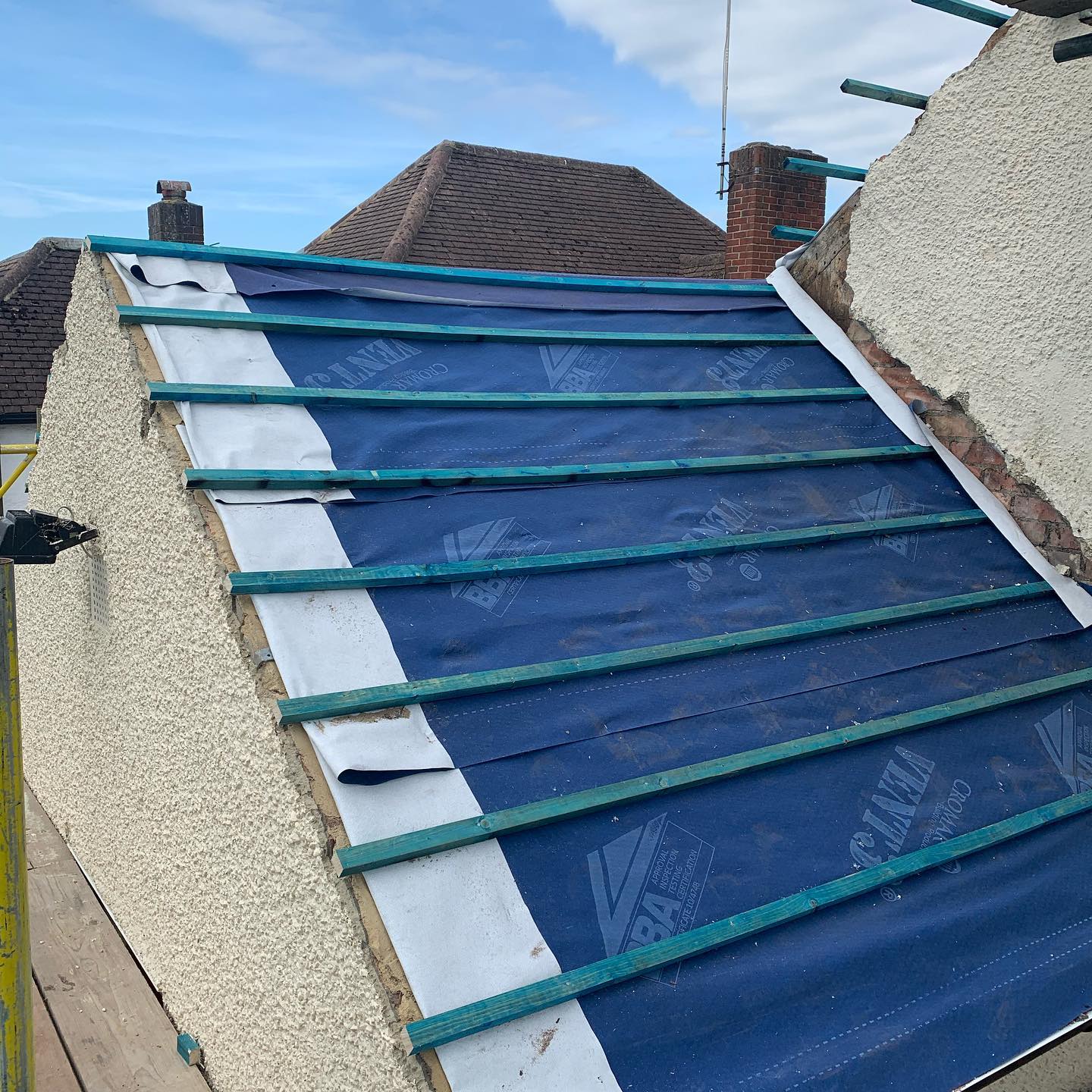 Breathable membrane and battens fitted to gable