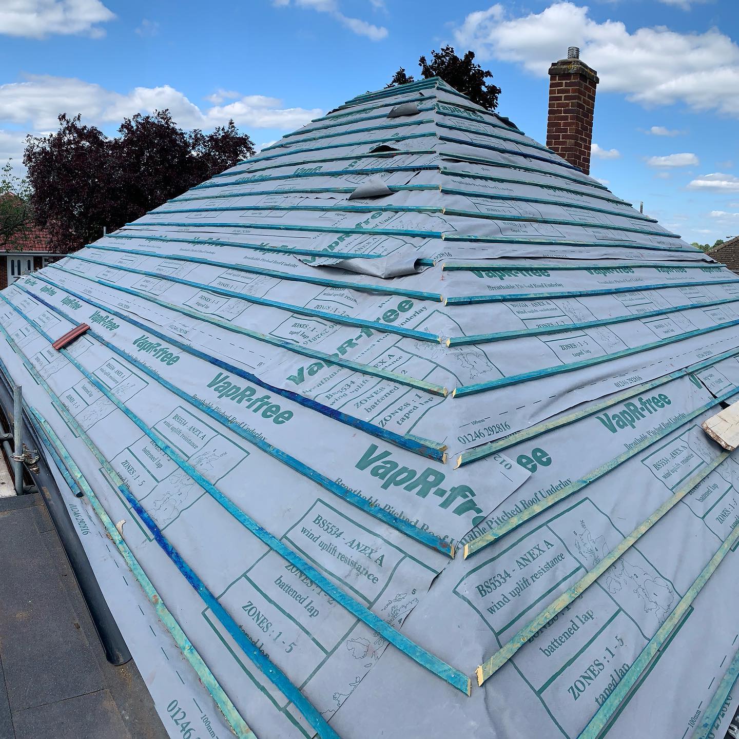 Breathable underlay and battens fitted to pyramid hipped roof